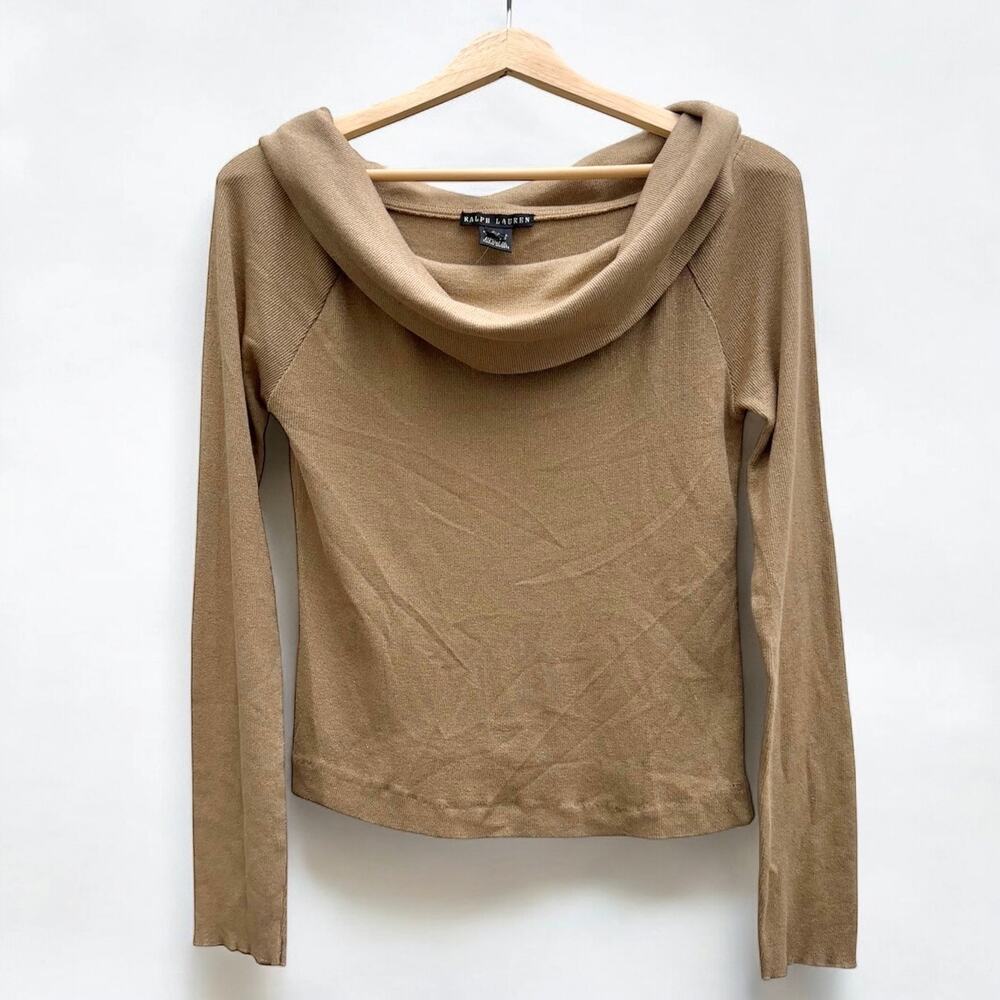 Ralph Lauren Black Label Gold Shimmer Metallic Cowl Neck Sweater USA Made Large